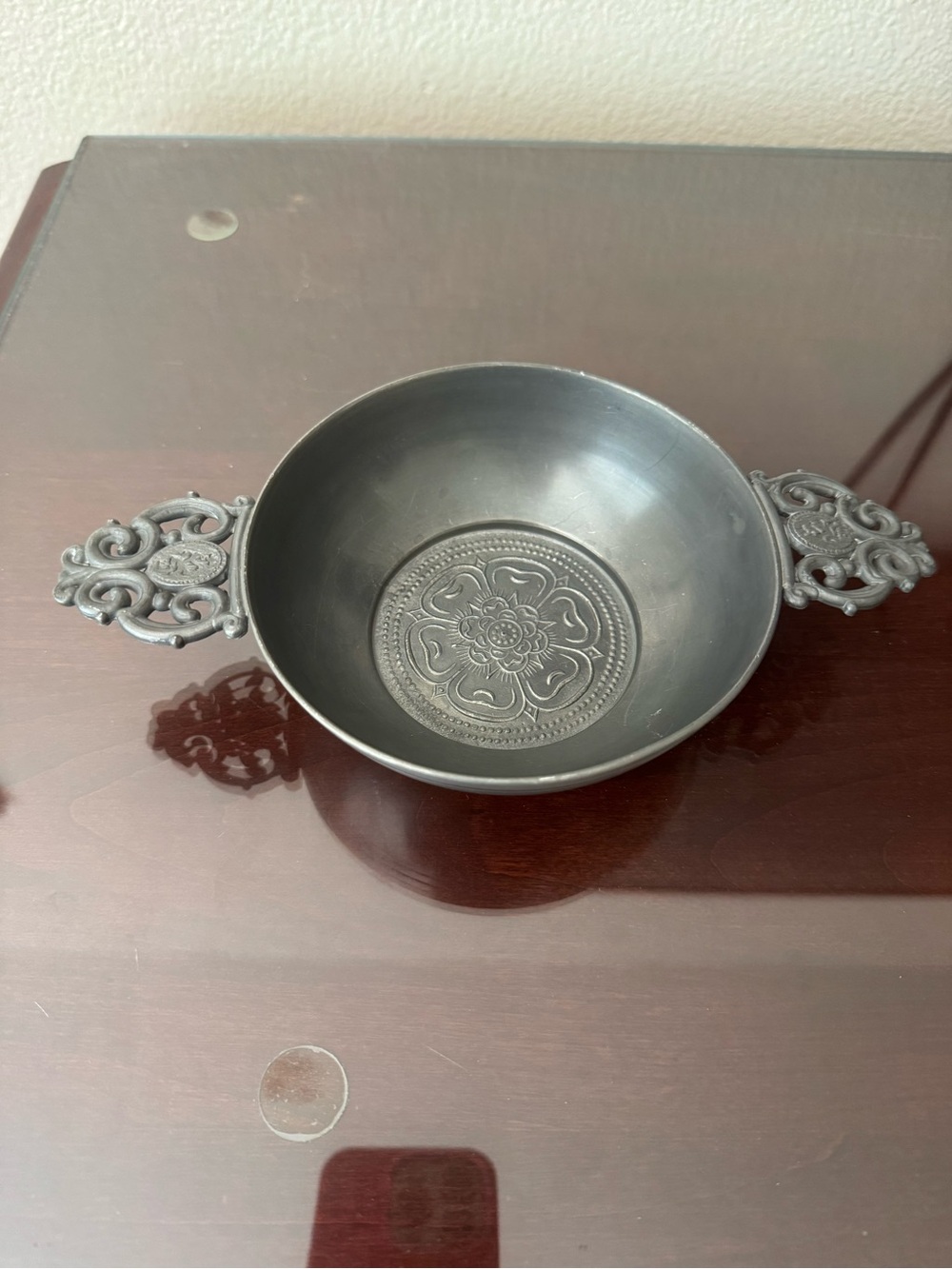 Pewter Porrager Bowl/ tastevin with Handles